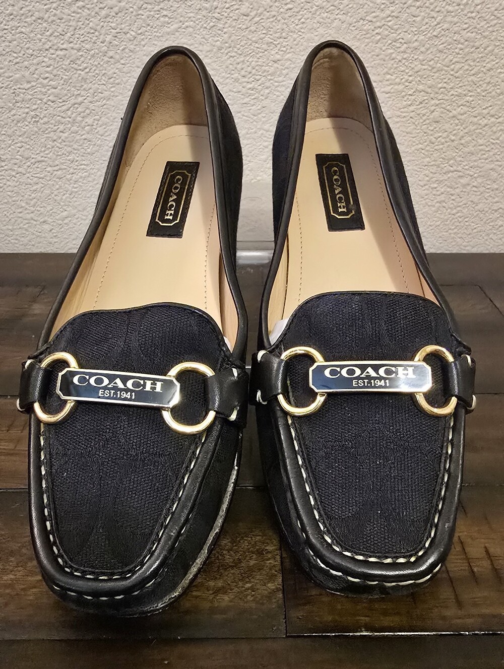 COACH Black Leather & Fabric Horsebit Loafers Size 7